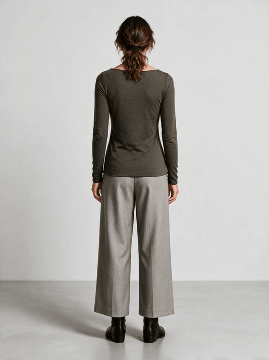 YAYA Langarm-Oberteil mit U-Boot-Ausschnitt Slate Schwarzbraun Melange