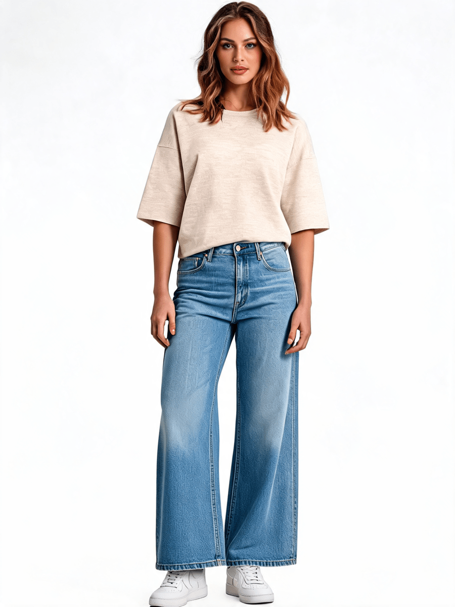 YAYA Oversized Feinstrick-T-Shirt mit halblangen Ärmeln Beige