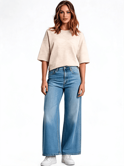 YAYA Oversized Feinstrick-T-Shirt mit halblangen Ärmeln Beige