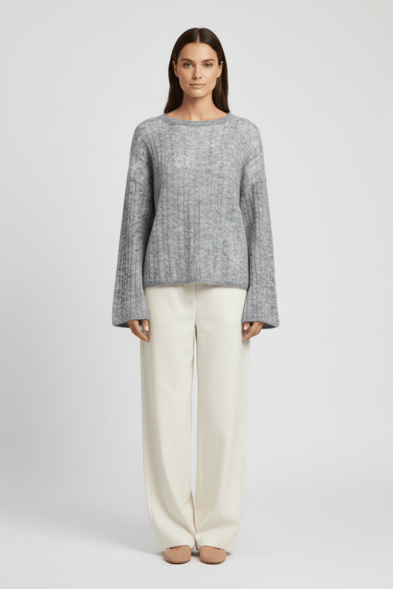 YAYA Oversized-Zopfpullover mit U-Boot-Ausschnitt Mittelgrau Melange