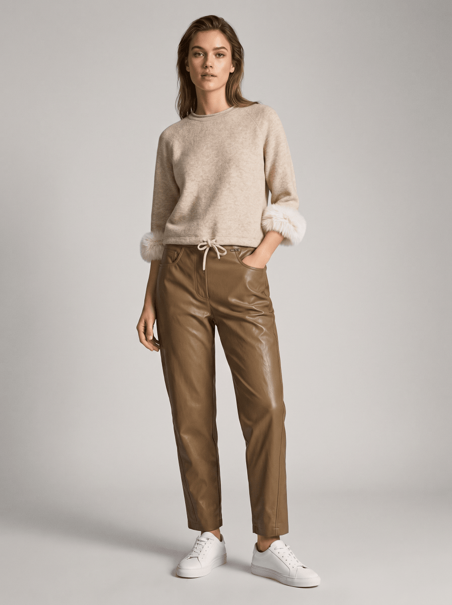 YAYA Pullover mit abnehmbaren Kunstfell-Manschetten Hellbeige Melange
