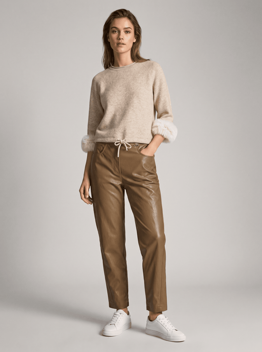 YAYA Pullover mit abnehmbaren Kunstfell-Manschetten Hellbeige Melange