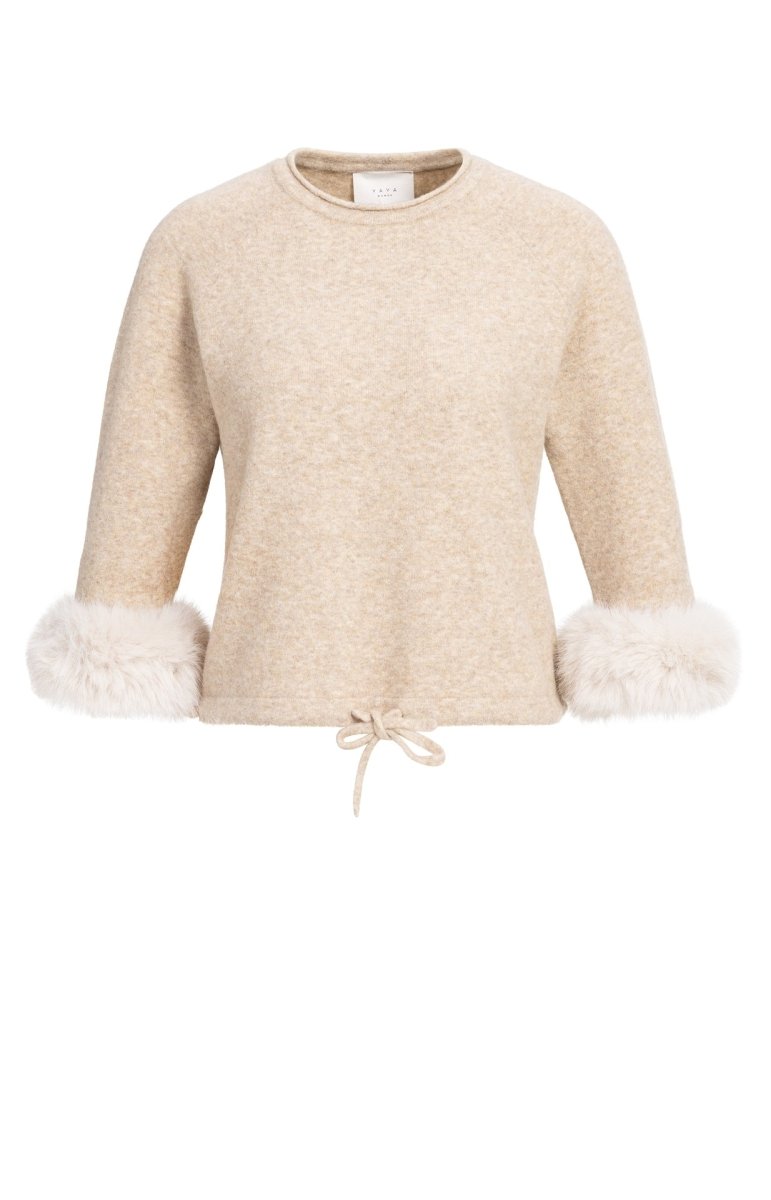 YAYA Pullover mit abnehmbaren Kunstfell-Manschetten Hellbeige Melange