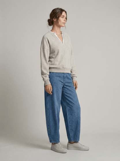 YAYA Sweatshirt mit V-Ausschnitt und Webkragen Grau meliert