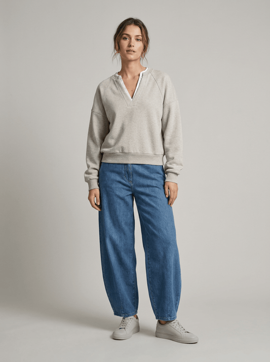 YAYA Sweatshirt mit V-Ausschnitt und Webkragen Grau meliert