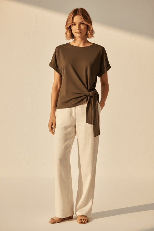 YAYA Top mit Rundhalsausschnitt und Knotendetail AUBERGINE PURPLE