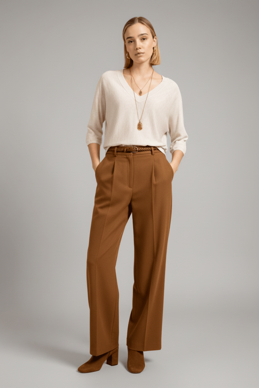 YAYA V-Ausschnitt-Pullover mit Dreiviertelärmeln und Nahtverzierungen Beige Melange