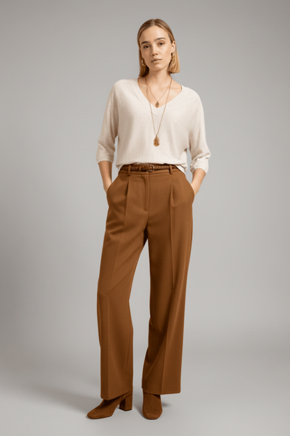 YAYA V-Ausschnitt-Pullover mit Dreiviertelärmeln und Nahtverzierungen Beige Melange