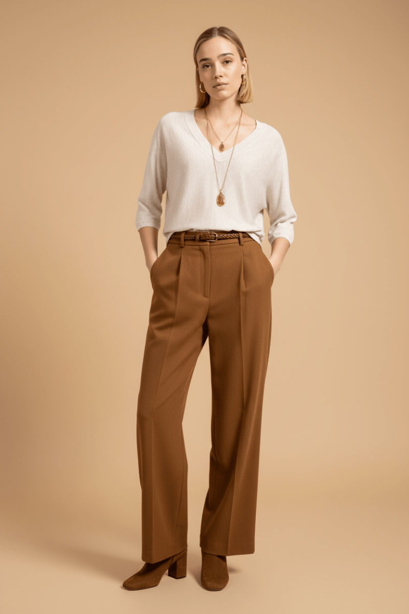 YAYA V-Ausschnitt-Pullover mit Dreiviertelärmeln und Nahtverzierungen Beige Melange