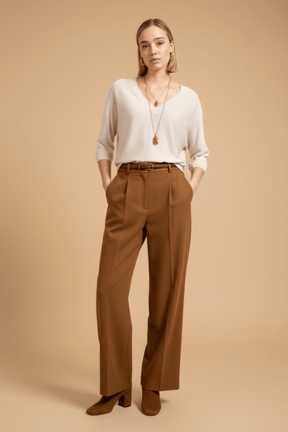 YAYA V-Ausschnitt-Pullover mit Dreiviertelärmeln und Nahtverzierungen Beige Melange