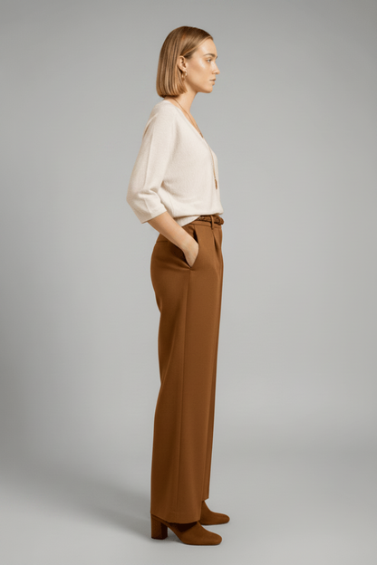 YAYA V-Ausschnitt-Pullover mit Dreiviertelärmeln und Nahtverzierungen Beige Melange