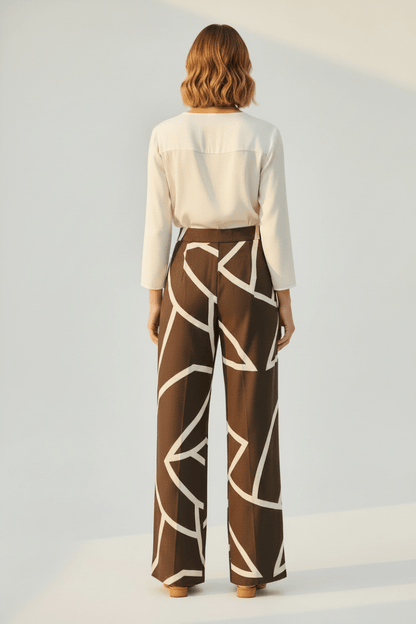 YAYA Woven printed wide leg trouser CHOCOLATE MARTINI BROWN DESSIN