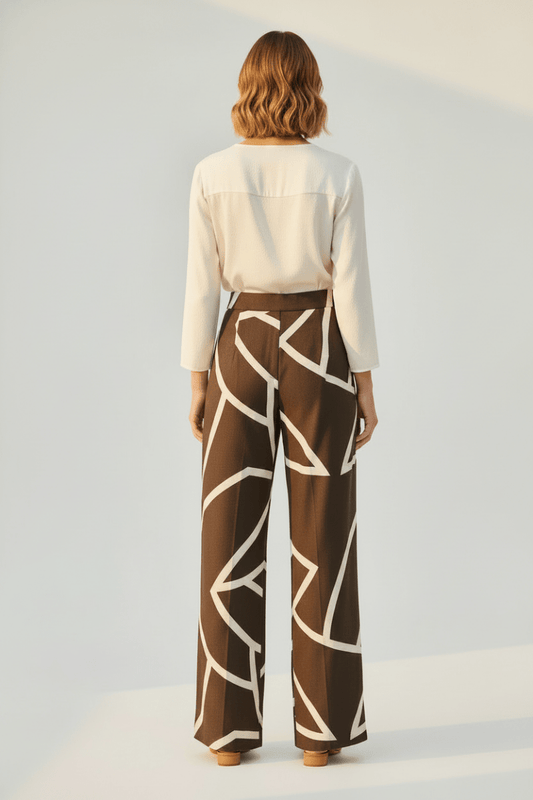 YAYA Woven printed wide leg trouser CHOCOLATE MARTINI BROWN DESSIN