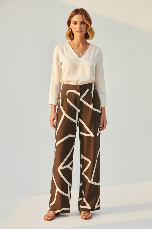 YAYA Woven printed wide leg trouser CHOCOLATE MARTINI BROWN DESSIN