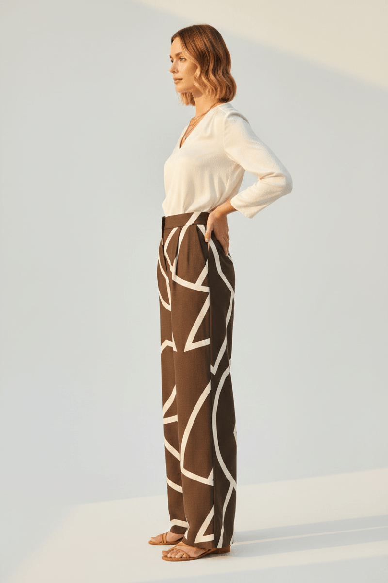 YAYA Woven printed wide leg trouser CHOCOLATE MARTINI BROWN DESSIN
